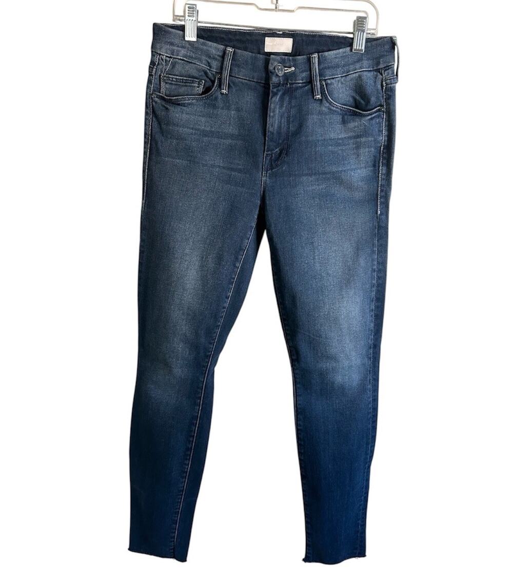 MOTHER The Looker Ankle Fray Repeating Love Skinny Jeans Womens 26 Raw Hem Blue